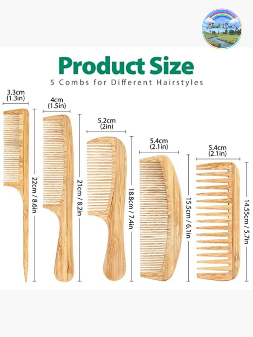 5 Bamboo Anti-Static Hair Combs Set: Wide Tooth, Rat Tail, Fine Tooth for - Picture 3 of 6
